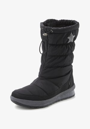 Black insulated winter boot with a puffy design, textured grey sole, adjustable drawstring, and a star accent in silver embellishment.