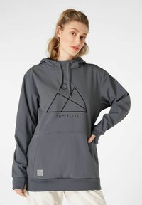 Grau Pullover-Hoodie aus glattem Stoff, mit einem dreieckigen Berg-Graphic in Schwarz, verstellbarem Kordelzugkapuze und Fronttasche.