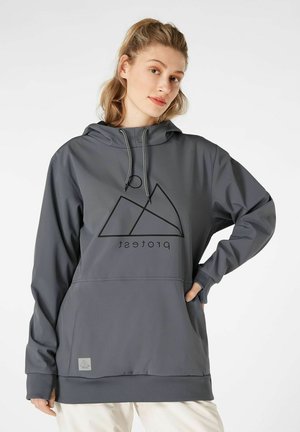 Sweatshirt à capuche gris en tissu lisse, avec un graphisme de montagne triangulaire en noir, capuche à cordons ajustables et poche frontale.