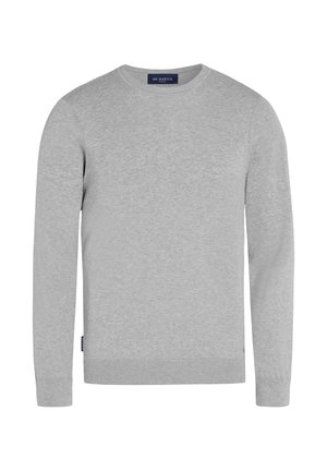Pull en laine gris clair à manches longues et col rond, avec des poignets et un ourlet côtelés, présenté de face sur fond blanc.
