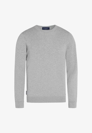 Pull en laine gris clair à manches longues et col rond, avec des poignets et un ourlet côtelés, présenté de face sur fond blanc.