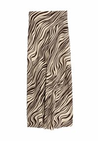 Bežová sukně s vlnitými černými pruhy, vyrobená z hladké tkaniny. Má sklady a strukturovaný pas. Délka sahá do poloviny lýtek.