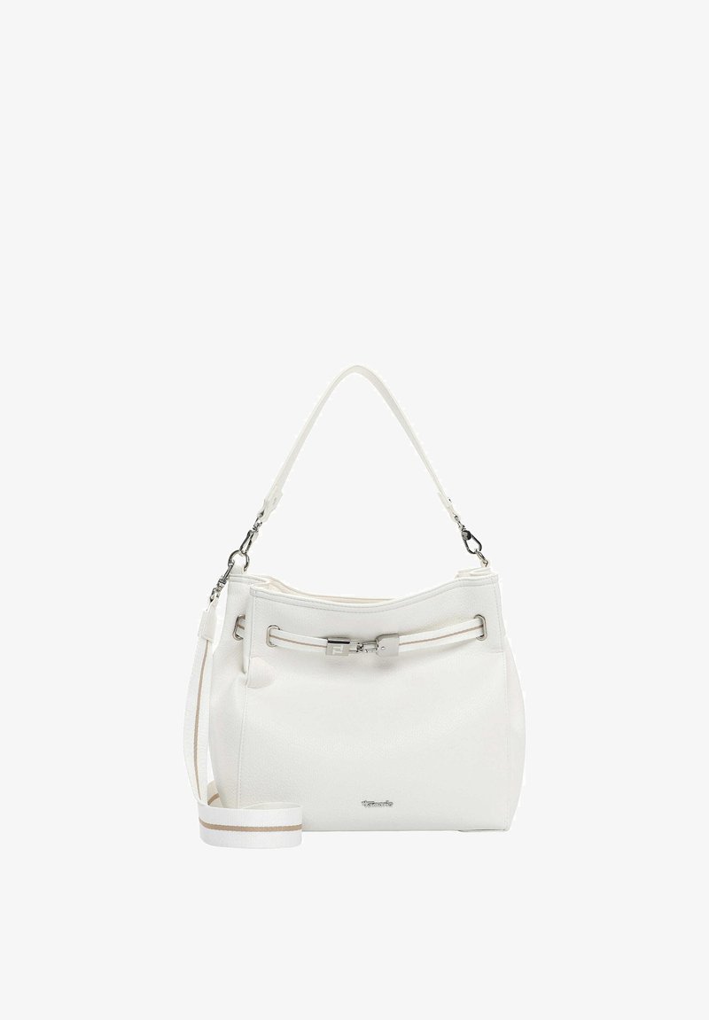Biała skórzana torebka z srebrnym zapięciem, krótką rączką i odpinanym białym paskiem z beżowym paskiem.