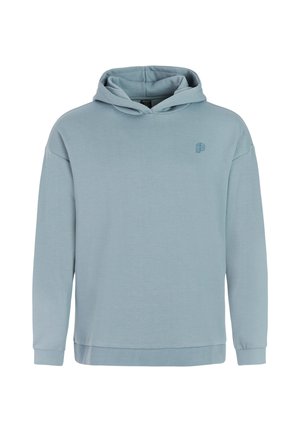 Light blue cotton hoodie featuring a front kangaroo pocket, ribbed cuffs, and a small logo accent on the left chest. Soft texture.