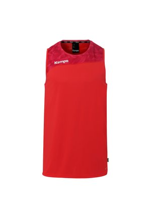 Rotes ärmelloses Sportshirt mit einem gemusterten dunkelroten oberen Brustbereich und dem "Kempa"-Logo auf der linken Seite.