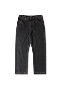 Black denim pants with a loose fit, featuring a classic five-pocket design and contrasting brown stitching. Straight leg design with frayed hems.