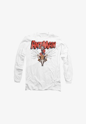 Weißes langärmliges T-Shirt mit einem Grafikmotiv von Ant-Man, der auf einer großen Ameise reitet, mit rotem Text, der "Ant-Man" darüber schreibt.