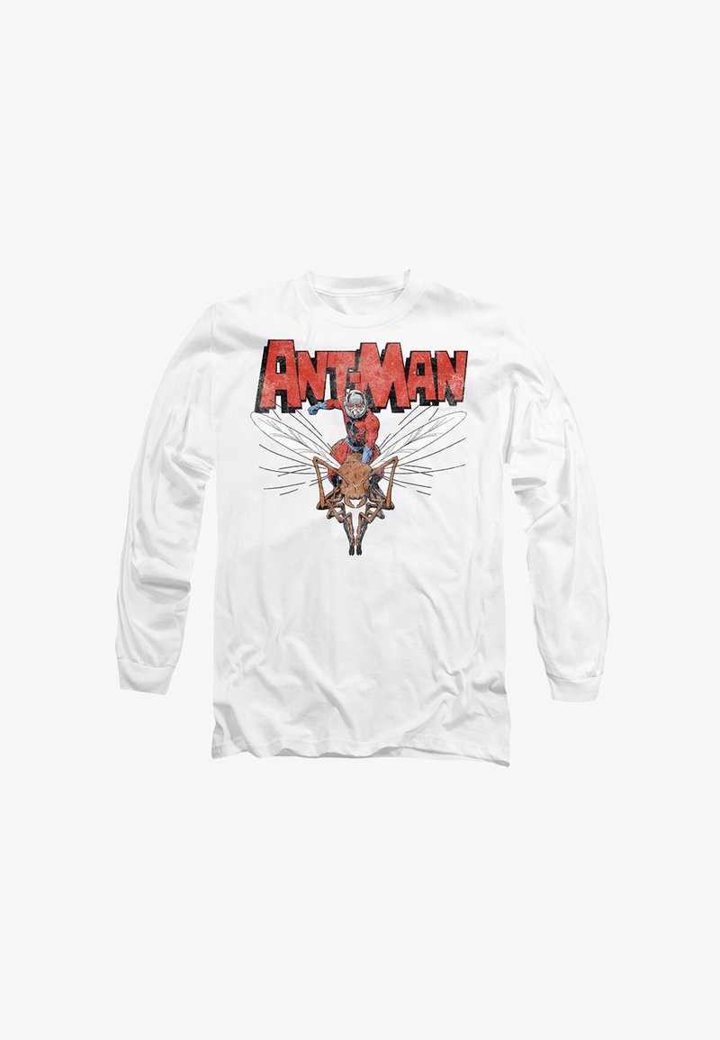 Weißes langärmliges T-Shirt mit einem Grafikmotiv von Ant-Man, der auf einer großen Ameise reitet, mit rotem Text, der "Ant-Man" darüber schreibt.
