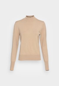 Maglione a collo alto beige realizzato in morbido tessuto a maglia; design aderente con maniche lunghe e orlo e polsini a coste, texture liscia.