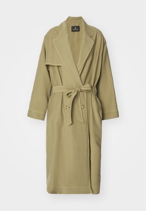 Olivengrüner Baumwoll-Trenchcoat mit Bindegürtel, doppelter Knopfleiste, breiten Revers und kontrastierenden Steppnähten.