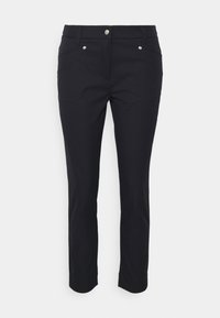 Svarta byxor med en elegant design, utrustade med en knapp- och dragkedjestängning, framfickor och en rak passform. Mjuk, elastisk tyg.