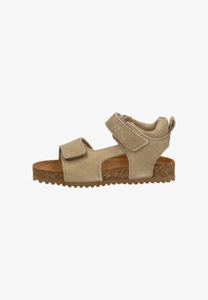Beige suede sandaal met twee verstelbare klittenbandsluitingen, open teen en een gestructureerde rubberen zool. Beschikt over een gevoerde voetbed en een uitgesneden ontwerp.