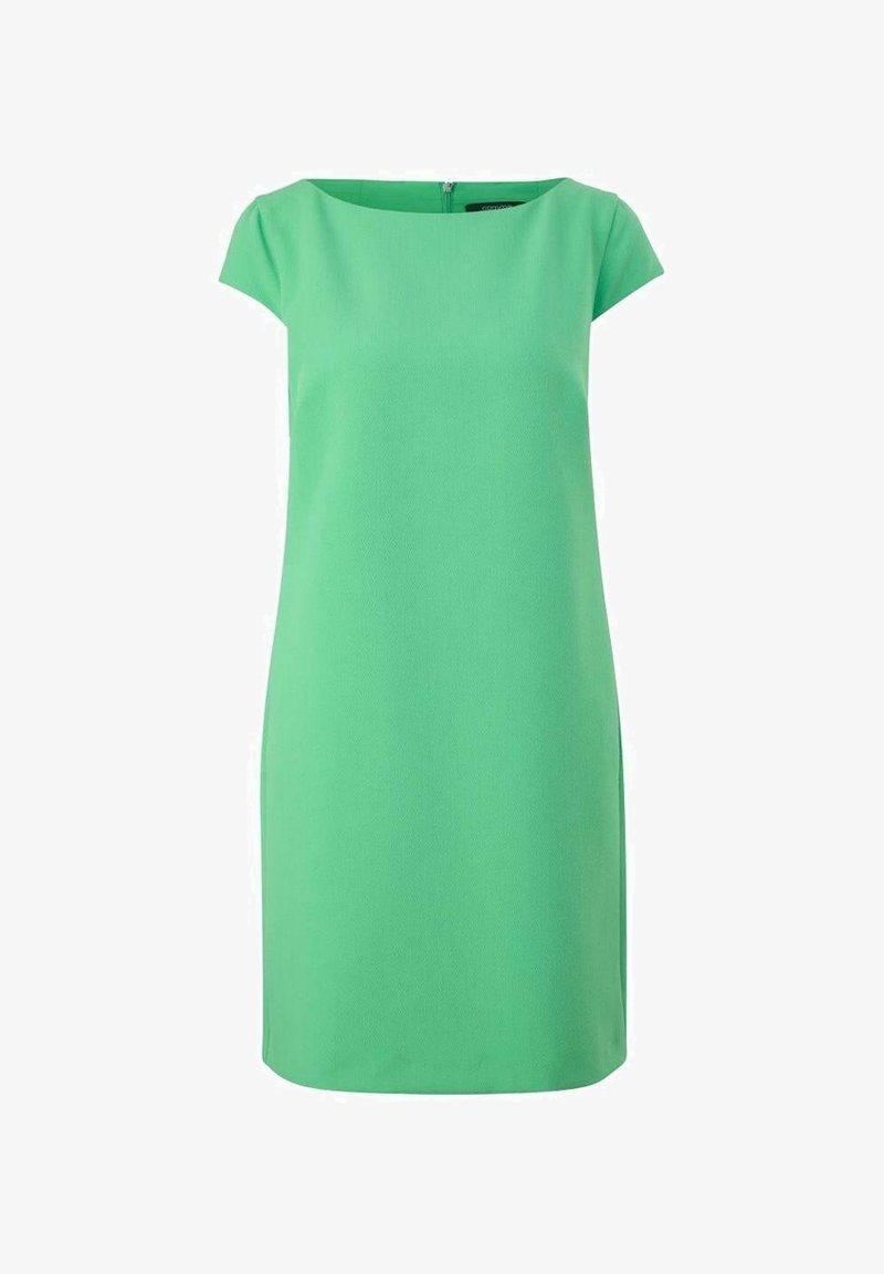 Robe verte longueur genoux avec manches courtes et encolure bateau, dotée d'une fermeture éclair dans le dos.