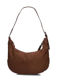 Sac hobo en cuir marron au design minimaliste et à la forme courbée, avec une sangle réglable. Présente des coutures et un léger éclat.