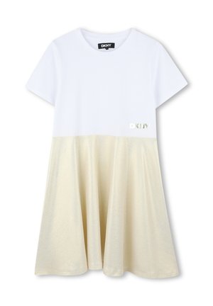 Witte jurk met korte mouwen en een gouden glanzende rok. DKNY-logo in metallic goud op de taille, zachte stof met een gladde afwerking.