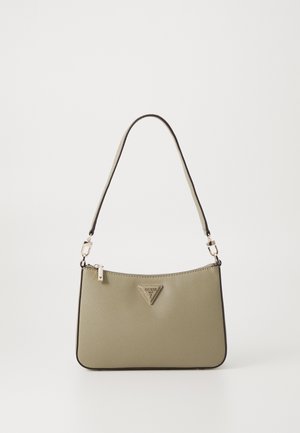 Borsa a tracolla verde oliva con finitura testurizzata, rifiniture nere e hardware dorato. Presenta una tracolla e un accento a logo triangolare.