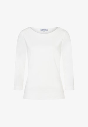 White long-sleeve top made of soft cotton. Features a rounded neckline and fitted silhouette, with no patterns or accents.