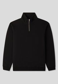 Pullover nero con colletto alto e zip, maniche lunghe e tessuto morbido e testurizzato. Presenta un design minimalista e polsini e orlo a coste.
