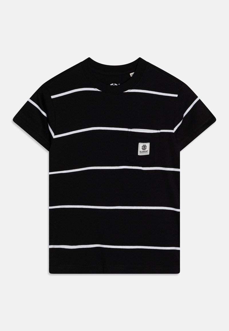 T-shirt noir à manches courtes avec des rayures horizontales blanches et une petite poche avant arborant le logo de la marque Element sur la poitrine.