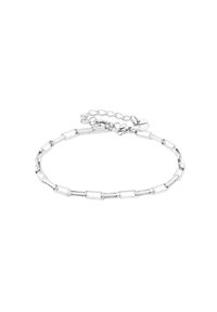 Bracciale in argento con anelli rettangolari allungati e chiusura a moschettone, dotato di una catena di estensione regolabile per adattarsi alla misura desiderata.