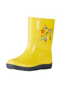 Botte de pluie jaune pour enfants avec semelle noire, ornée d'animaux de bande dessinée incluant un lion, un zèbre, un éléphant, un hippopotame, un tatou, un caméléon et un toucan.