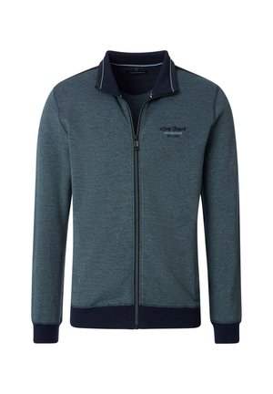 Reißverschlussjacke aus strukturiertem marineblauen Stoff mit kontrastierendem Kragen. Verfügt über einen Frontreißverschluss und ein gesticktes Logo auf der Brust.
