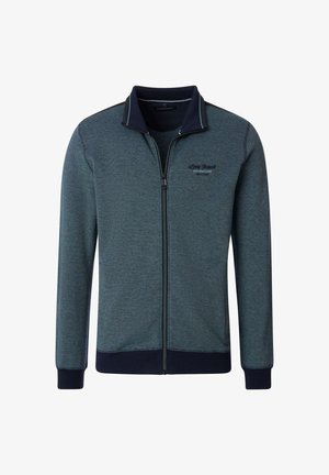 Reißverschlussjacke aus strukturiertem marineblauen Stoff mit kontrastierendem Kragen. Verfügt über einen Frontreißverschluss und ein gesticktes Logo auf der Brust.
