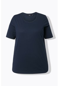Granatowy t-shirt z krótkim rękawem wykonany z miękkiej bawełny, z okrągłym dekoltem i luźnym krojem oraz gładką fakturą.