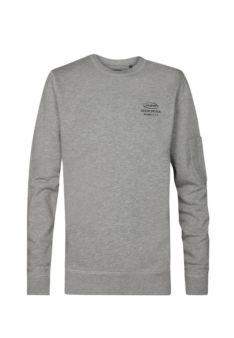 Sudadera gris de mezcla de algodón, con mangas largas, cuello redondo y un logo impreso en el pecho. Textura suave, diseño minimalista.