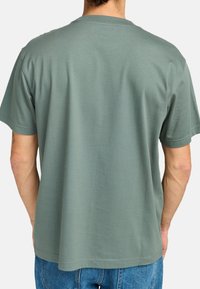 Green cotton t-shirt with a crew neckline and short sleeves; smooth texture; relaxed fit; back view shows stitching details and overall shape.