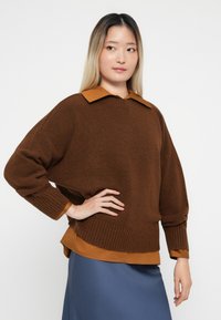 Mladá žena s dlouhými vlasy má na sobě hnědý svetr přes rezavé tričko a modrou sukni, pózuje s jednou rukou na bocích.
