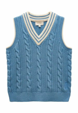 Blue knitted sleeveless vest with cable patterns and cream-striped V-neck collar, labeled "Joules" at the neckline.
