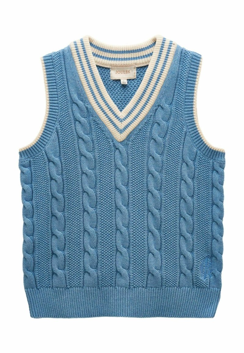 Sinine palmikmustriga kootud ilmavarrukateta vest, millel on kreemikas triibuline V-kaelus ja kaelusel silt "Joules".