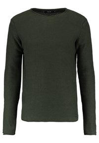 Maglione lavorato a maglia verde scuro a maniche lunghe con texture a costine, scollatura rotonda e etichetta con logo all'orlo. Design semplice e uniforme.