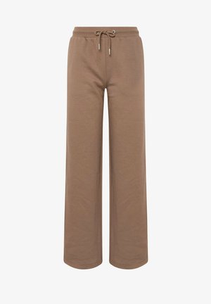 Pantalones anchos marrones con cintura elástica y textura suave. Presentan un diseño sencillo y corte recto, ideales para el uso diario.