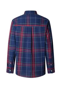 Camisa de manga larga en algodón azul marino con un patrón de cuadros rojos y blancos, que presenta un pliegue en la espalda y detalles de puño abotonado.