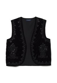 Gilet in velluto nero con ricami intricati e paillettes lungo i bordi, dotato di un interno nero semplice e un design aperto davanti.