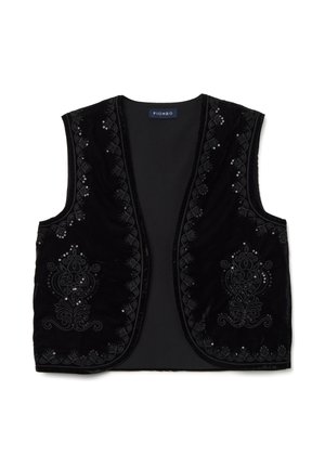 Schwarze Samtweste mit kunstvoller Stickerei und Pailletten entlang der Kanten, mit einem schlichten schwarzen Innenfutter und offenem Vorderdesign.