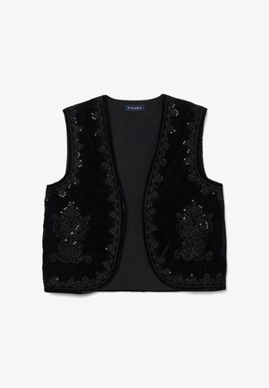 Zwarte fluwelen vest met verfijnde borduurwerk en pailletten langs de randen, met een eenvoudige zwarte binnenkant en een open voorkant ontwerp.