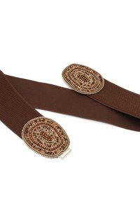 Suspenders elastici marroni con fibbie ovali in perle con motivi intricati nelle tonalità di oro, marrone e rosa. Materiale texturizzato in tutto.