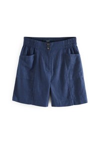 Pantaloni corti blu navy con vita elastica, due tasche frontali e chiusura con bottone. Il tessuto appare leggero e ha una texture liscia.