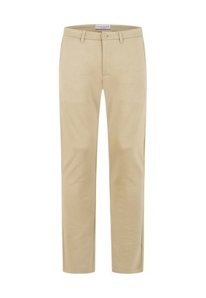 Beige straight-leg trousers with belt loops, a front button, zipper closure, and label inside the waistband.