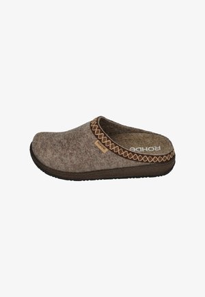 Brown felt slipper featuring a textured upper, a decorative woven trim, and a rubber sole. The interior is soft and unlined.