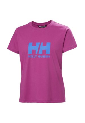 Fuchsia Baumwoll-T-Shirt mit Rundhalsausschnitt und kurzen Ärmeln. Mit einem blauen "HH"-Logo und dem Text "HELLY HANSEN" darunter.