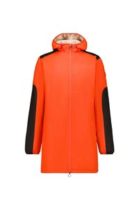 Waterbestendig oranje jack met zwarte accenten, voorzien van een capuchon, ritssluiting aan de voorkant, lange mouwen en een zachte binnenvoering.