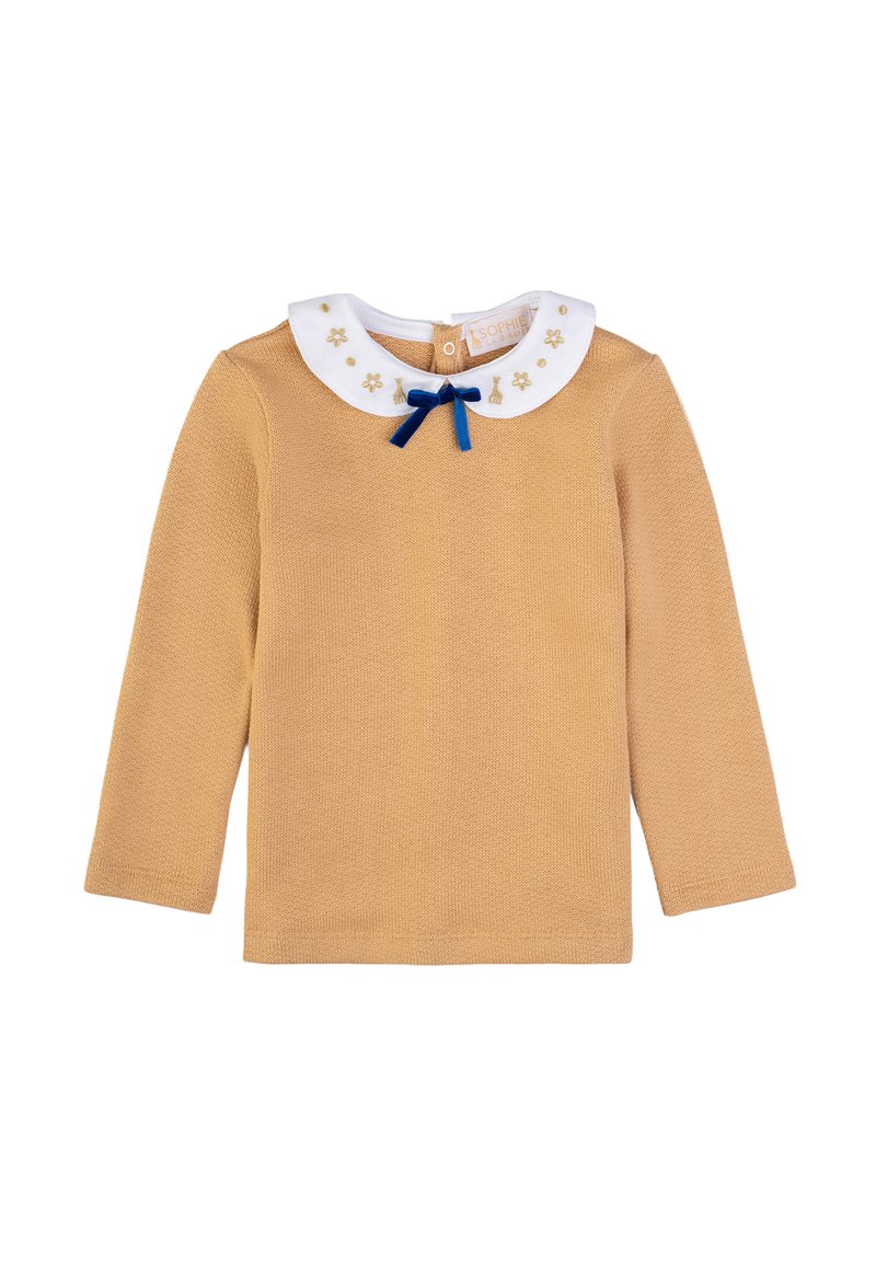 Maglia a maniche lunghe color senape con lavorazione a maglia testurizzata, dotata di colletto bianco con decorazioni floreali e un fiocco blu.