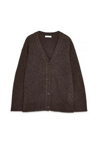 Cardigan in maglia marrone con scollo a V, maniche lunghe e chiusura con sei bottoni sul fronte. Texture morbida e vestibilità comoda.