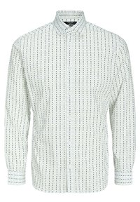 Chemise à manches longues à boutonnage en vert clair avec un motif géométrique bleu marine et blanc ; elle présente un col classique et une fermeture à boutons.