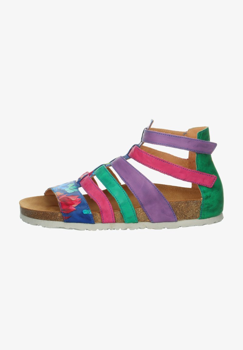 Multi-colored sandal featuring leather straps in pink, green, and purple, with a floral design on the toe and a cork footbed.