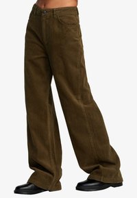Brown corduroy wide-leg pants with a ribbed texture, five-pocket design, and metal hardware on the waistband.